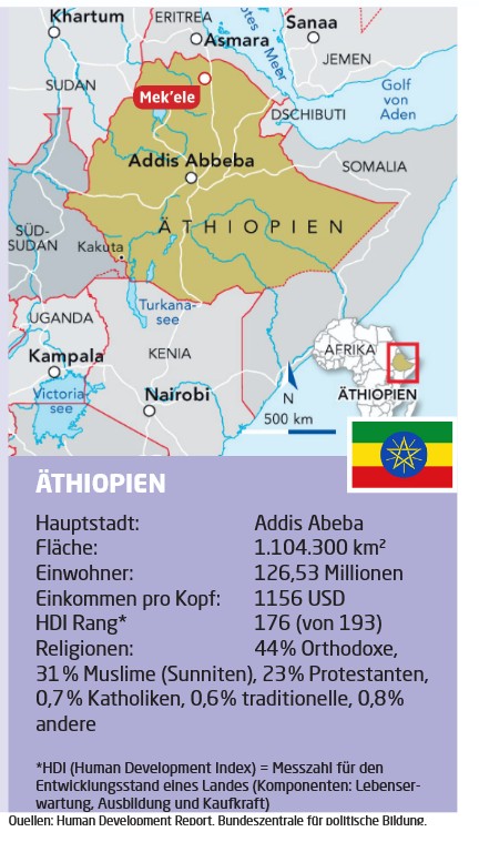 Karte von Äthiopien mit markierter Hauptstadt Addis Abeba und Stadt Mek’ele, dazu statistische Angaben zu Bevölkerung, Fläche, Religionen und HDI