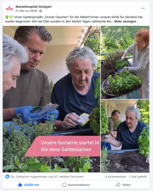 Eine Patientin pflanzt Kräuter in das fahrbare Hochbeet ein und beugt sich dabei über das üppig mit Erde gefüllte Beet auf der sonnigen Terrasse.