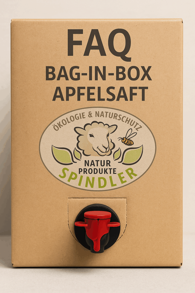 Ein Karton mit Bag-in-Box-Apfelsaft vor hellem Hintergrund, darüber groß der Schriftzug FAQ – häufige Fragen zur Anwendung und Lagerung.
