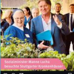 Sozialminister Manne Lucha und Ordensschwestern des Marienhospitals Stuttgart beim Besuch des Gartentherapie-Projekts auf der Geriatriestation