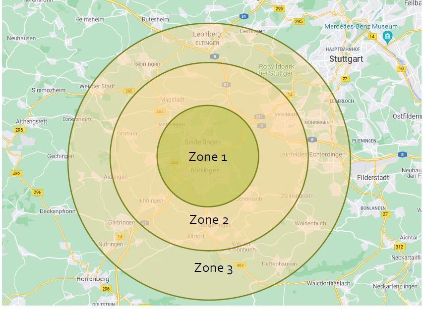 Karte mit drei konzentrischen Zonen rund um Sindelfingen zur Darstellung der Preiszonen fĂĽr Beweidungsprojekte