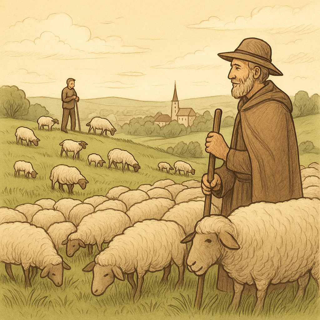 Illustration eines erfahrenen Hirten mit groĂer Schafherde auf weitem Feld, der ruhig und wachsam seine Tiere fĂŒhrt, wĂ€hrend im Hintergrund eine Stadtlandschaft sichtbar wird â Symbol fĂŒr Verantwortung, Erfahrung und Weitsicht.