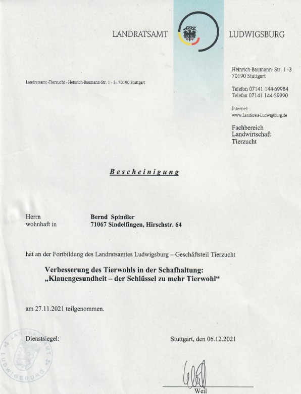 Teilnahmebescheinigung von Bernd Spindler für die Fortbildung „Klauengesundheit – der Schlüssel zu mehr Tierwohl“ des Landratsamtes Ludwigsburg