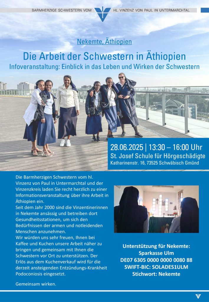 Plakat mit Einladung zur Infoveranstaltung über die Arbeit der Barmherzigen Schwestern vom hl. Vinzenz von Paul in Äthiopien am 28.06.2025 in Schwäbisch Gmünd.
