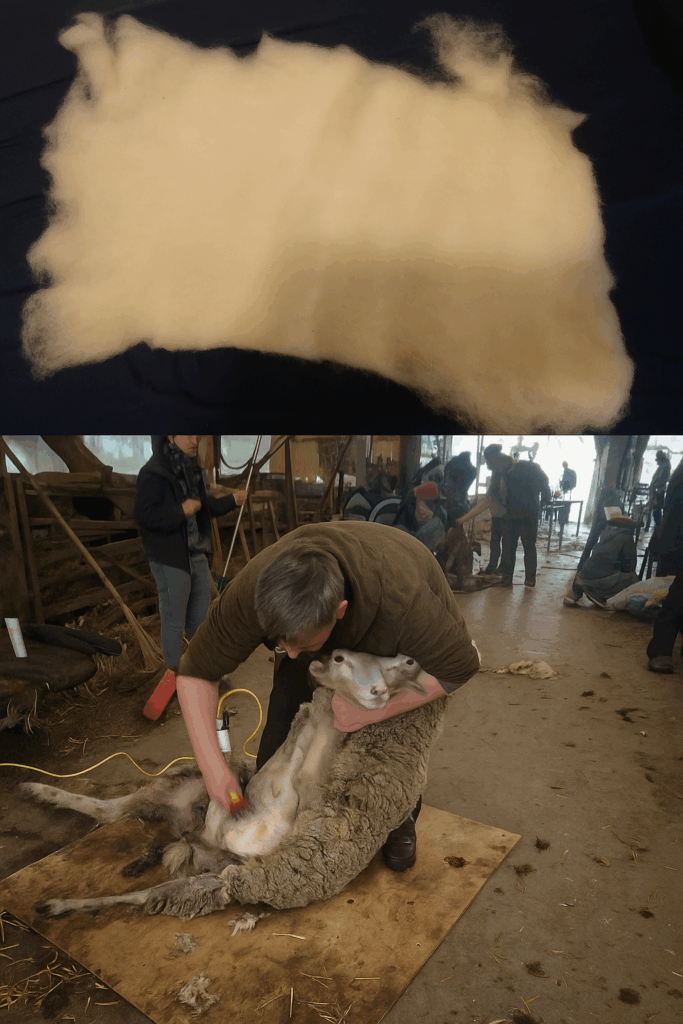 Zweiteiliges Bild: Oben kardierte, helle Schafwolle als Vlies auf dunklem Untergrund; unten eine Szene aus der Schur mit einem ruhig gehaltenen Schaf auf einem Holzbrett in einer offenen Stallumgebung