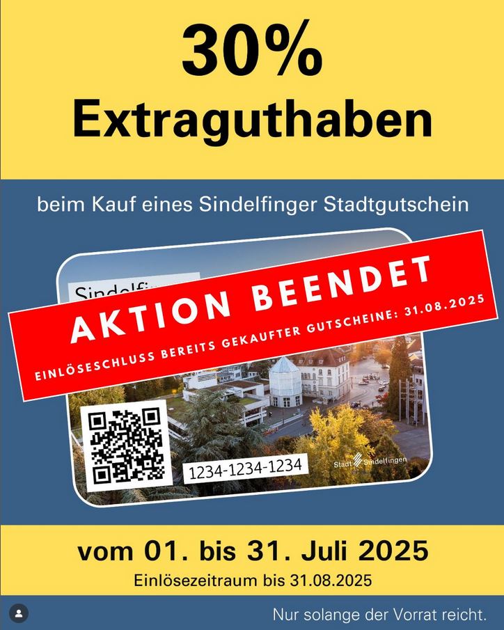 Die Sommeraktion des Sindelfinger Stadtgutscheins ist in der Ausgabe der 30% zusätzlichen Fördersumme beendet. Stadtgutscheine können weiterhin mit regulärem Wert erworben werden.