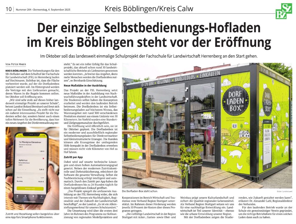 Artikel in der SZBZ über die Dorfladenbox Herrenberg – der einzige Selbstbedienungs-Hofladen im Kreis Böblingen
