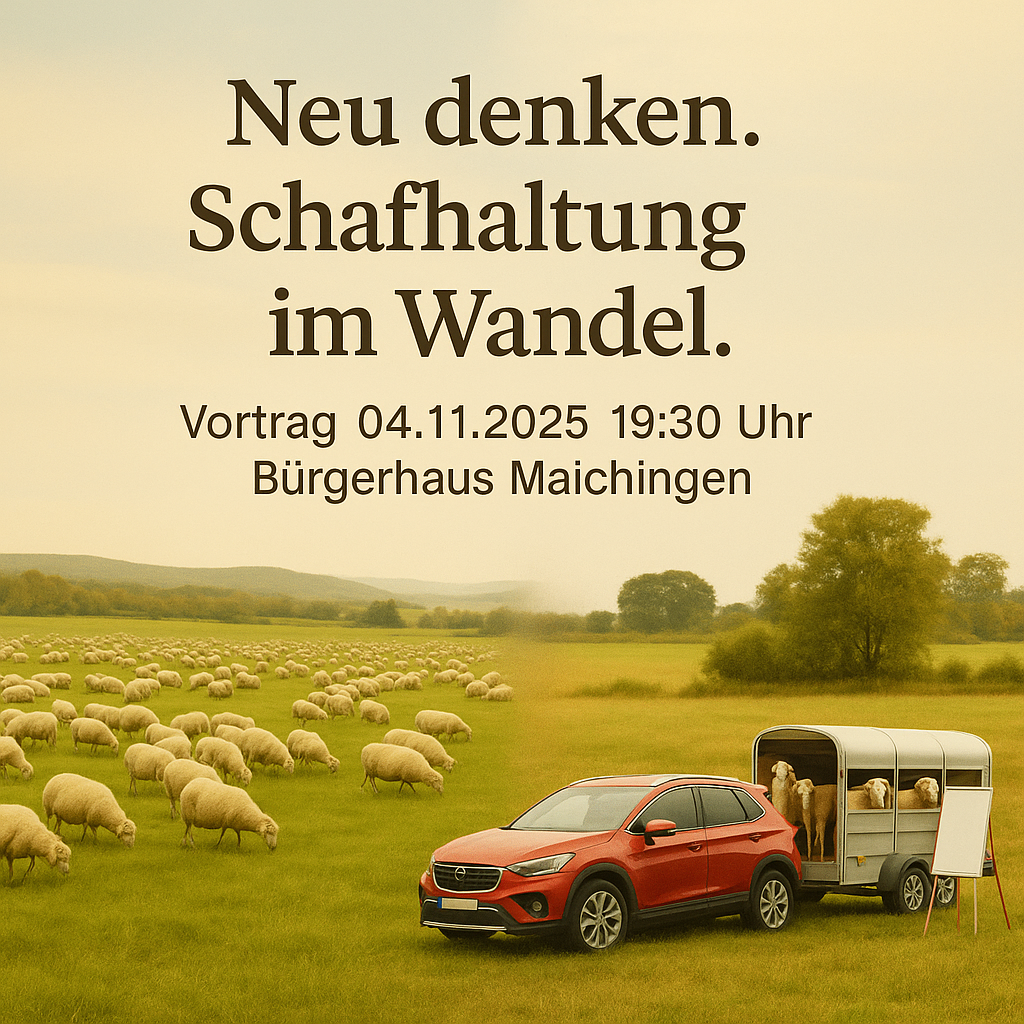 llustration zeigt links eine friedliche Schafherde auf grüner Wiese in weiter Landschaft und rechts ein modernes Auto mit Anhänger und Flipchart als Symbol für moderne Schafhaltung. Text: „Neu denken. Schafhaltung im Wandel. Vortrag 04.11.2025 19:30 Uhr – Bürgerhaus Maichingen“.