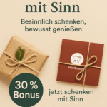Weihnachtlich gestaltete Grafik mit Naturprodukten aus der Region, Stadtgutschein-Aktion mit 30 % Rabatt vom 17. November bis 14. Dezember, nachhaltige Geschenkideen von Worksheep.