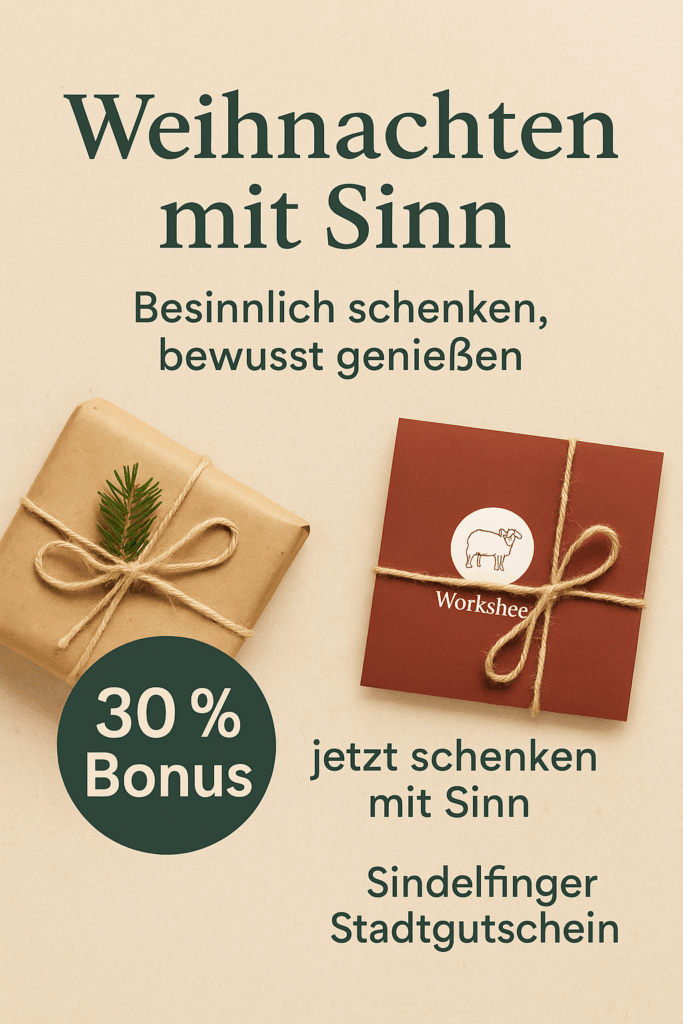 Weihnachtlich gestaltete Grafik mit Naturprodukten aus der Region, Stadtgutschein-Aktion mit 30 % Rabatt vom 17. November bis 14. Dezember, nachhaltige Geschenkideen von Worksheep.