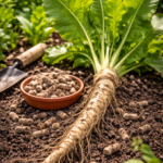 Frisch geerntete Meerrettichpflanze mit grünen Blättern und freigelegter Wurzel im Gartenboden, daneben Schafwollpellets als natürlicher Dünger im Urban Gardening.
