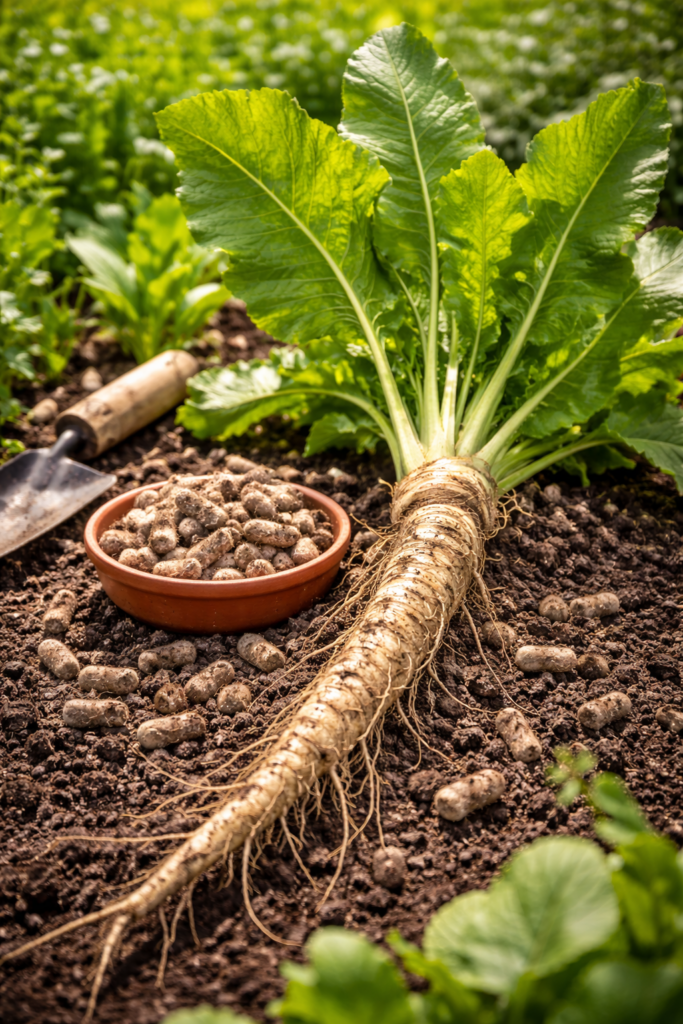 Frisch geerntete Meerrettichpflanze mit grünen Blättern und freigelegter Wurzel im Gartenboden, daneben Schafwollpellets als natürlicher Dünger im Urban Gardening.