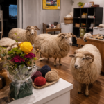 Skudden-Schafe stehen in einem gemütlichen Worksheep-Laden zwischen Wolle, Garnen und Naturprodukten und schaffen ein besonderes Einkaufserlebnis