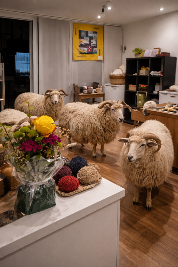 Skudden-Schafe stehen in einem gemütlichen Worksheep-Laden zwischen Wolle, Garnen und Naturprodukten und schaffen ein besonderes Einkaufserlebnis