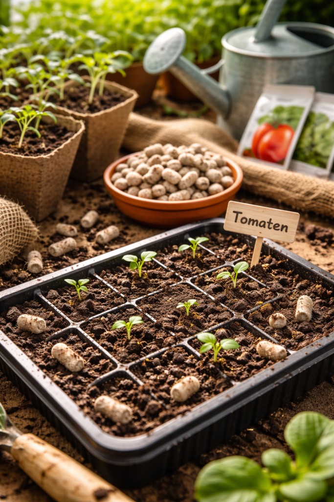 Ansaat von Gemüsepflanzen in Vorkulturschalen mit Schafwollpellets als natürlichem Wasserspeicher und Langzeitdünger