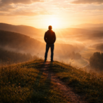 Silhouette einer Person auf einem Hügel im Sonnenaufgang – Symbolbild für Fastenzeit, innere Erneuerung und neue Lebensausrichtung.