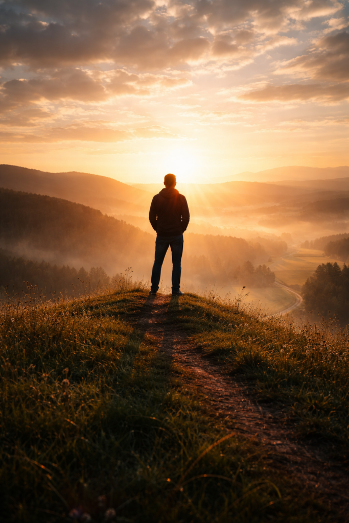 Silhouette einer Person auf einem Hügel im Sonnenaufgang – Symbolbild für Fastenzeit, innere Erneuerung und neue Lebensausrichtung.