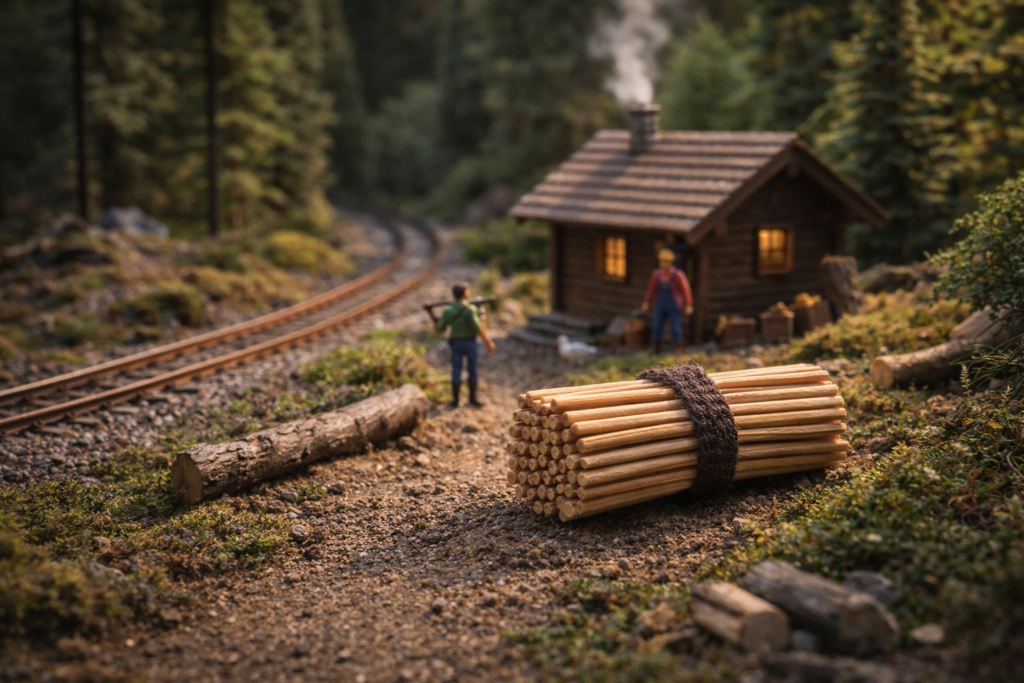 Realistische H0-Modelleisenbahn-Szene mit Holzhütte, Gleisen und gebündelten Holzstämmen, dargestellt durch nachhaltige Kaminanzünder aus Peddigrohr und Wachs