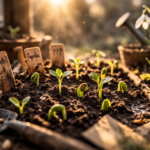 Frische grüne Keimlinge wachsen aus dunkler Erde im warmen Morgenlicht, im Hintergrund blühende Schneeglöckchen.