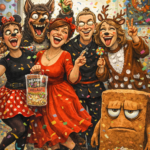 Satirisch überzeichnete Karikatur einer fröhlichen Fasnet-Gruppe mit Rotkäppchen, Wolf, Schaf und einer grummeligen Brotfigur unter dem Banner „Glückselige Fasnet“.