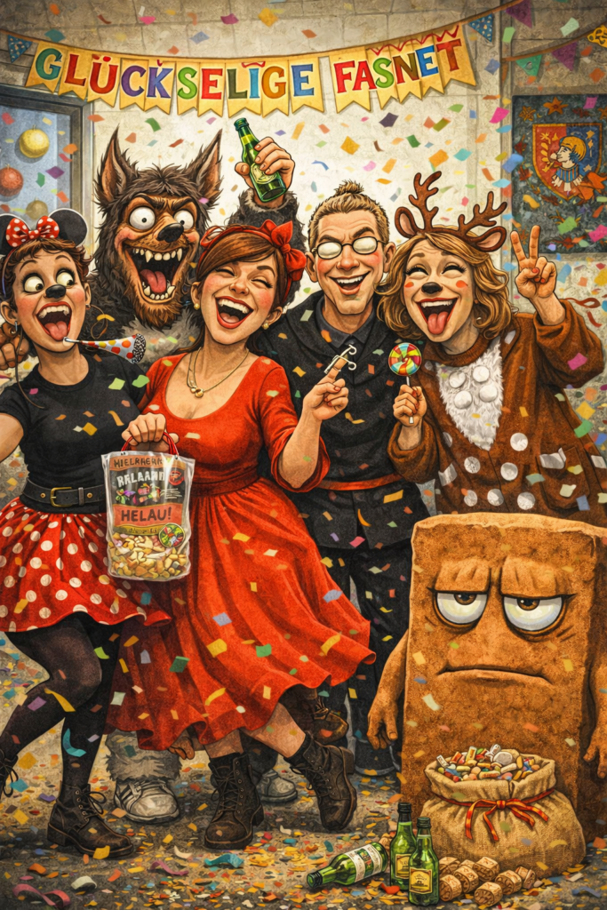 Satirisch überzeichnete Karikatur einer fröhlichen Fasnet-Gruppe mit Rotkäppchen, Wolf, Schaf und einer grummeligen Brotfigur unter dem Banner „Glückselige Fasnet“.