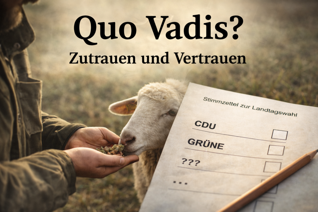 Wahlzettel mit der Frage „Quo vadis?“ und dem Schriftzug „Zutrauen und Vertrauen“, daneben eine Szene eines Hirten, der ein Schaf aus der Hand füttert – Sinnbild für Führung und Vertrauen.