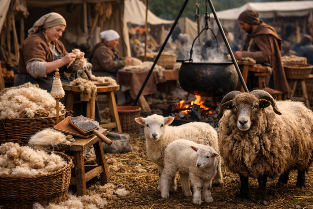 Schafe und Lämmer auf einem Mittelaltermarkt mit Wollverarbeitung und traditionellem Handwerk am Feuer