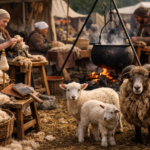 Schafe und Lämmer auf einem Mittelaltermarkt mit Wollverarbeitung und traditionellem Handwerk am Feuer