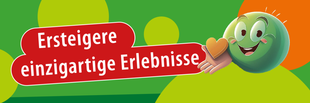 Banner der Bürgerstiftung Sindelfingen mit dem Schriftzug „Ersteigere einzigartige Erlebnisse“ und grünem Maskottchen mit Herzsymbol.