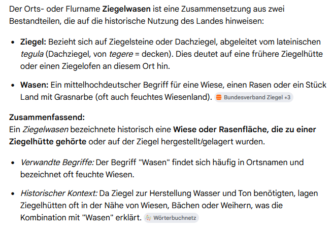 Ziegelwasen Bedeutung erklärt: Herkunft des Namens aus Ziegel und Wasen sowie historischer Bezug zu Ziegelhütten und Wiesenflächen