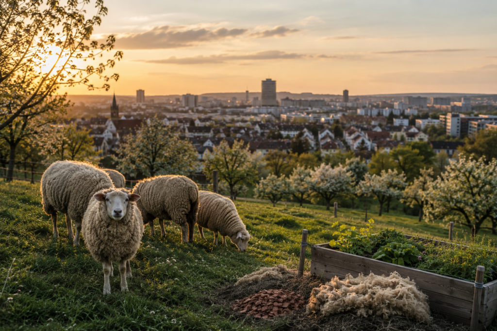 Schafe über der Stadt. Angedeutete Silhouette von Sindelfingen