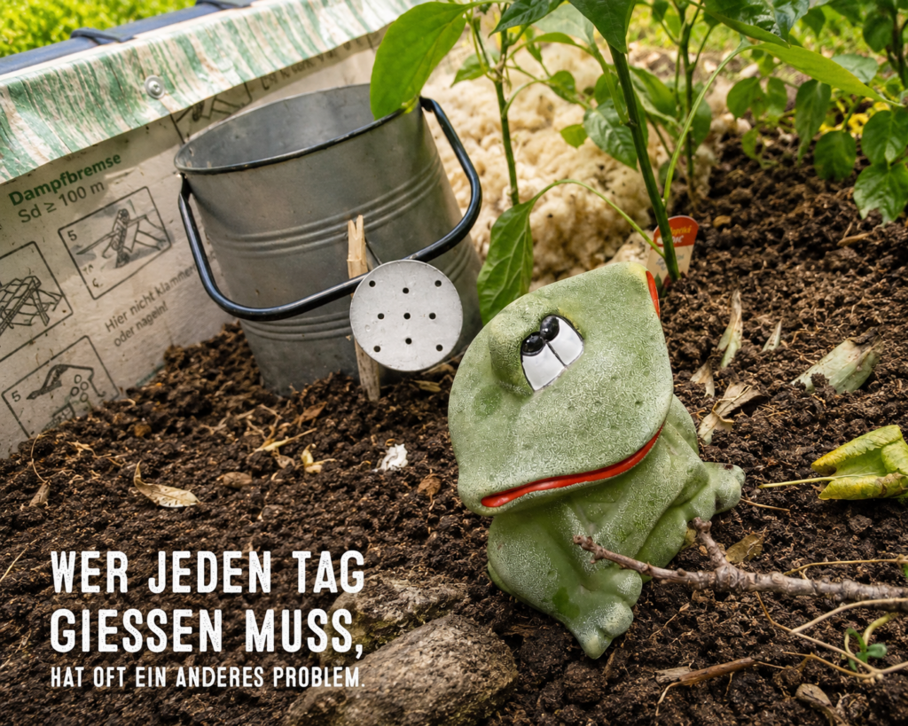 Froschfigur neben einer Gießkanne in einem Hochbeet mit Schafwolle als natürlichem Wasserspeicher gegen Trockenheit