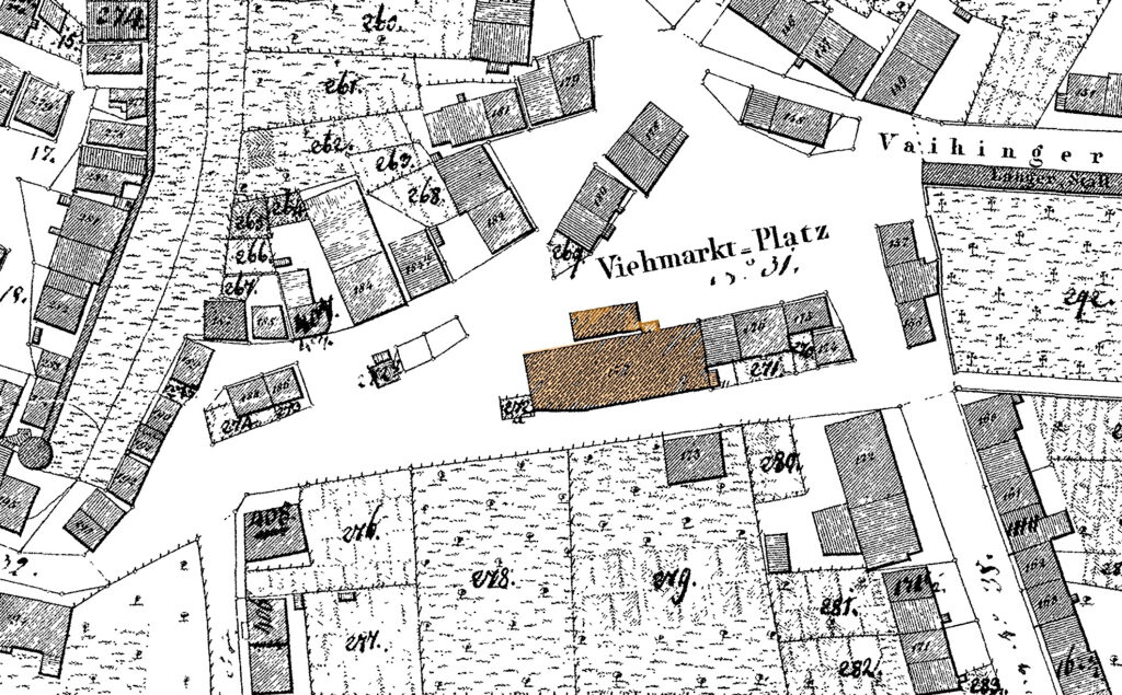 Historische Karte des Viehmarktplatzes in Sindelfingen aus dem Jahr 1830 mit markiertem Schafstall auf dem heutigen Marktplatz