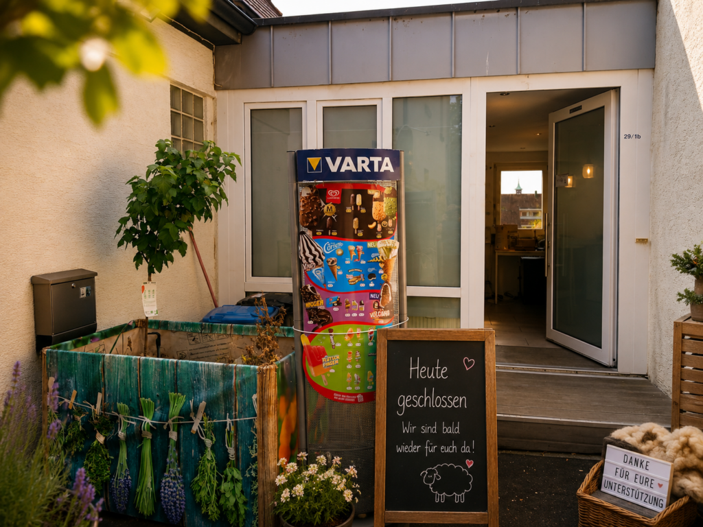 Geschlossener Pop-Up-Store der Familienschäferei Bernd Spindler mit Eisangebot und Hinweistafel zur vorübergehenden Pause während der Genesung