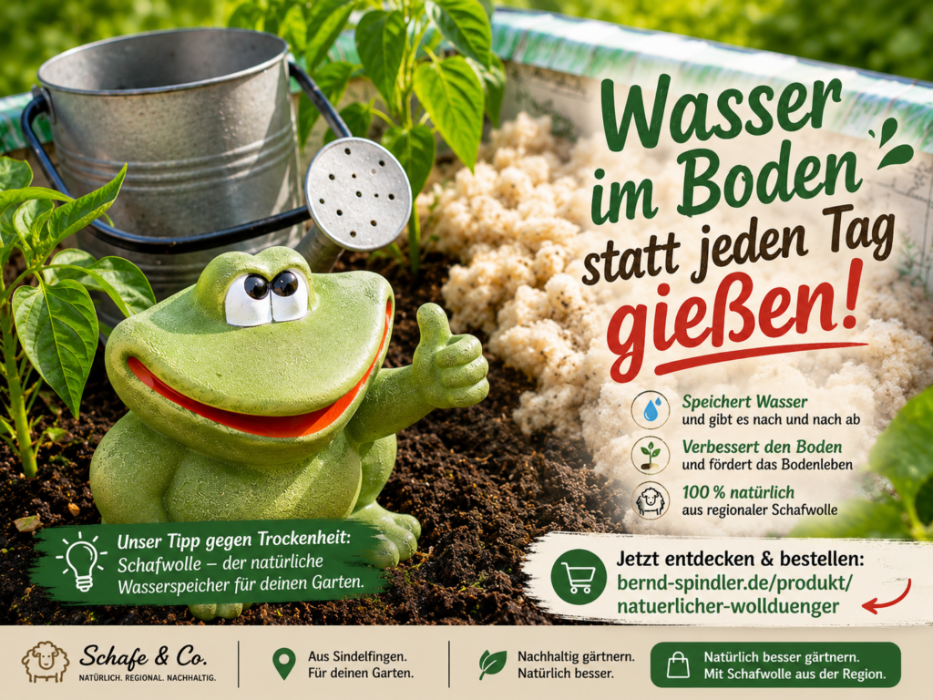 Fröhlicher Frosch im Hochbeet mit Schafwolle und Gießkanne. Schafwolle dient als natürlicher Wasserspeicher und hilft dabei, im Sommer weniger gießen zu müssen.