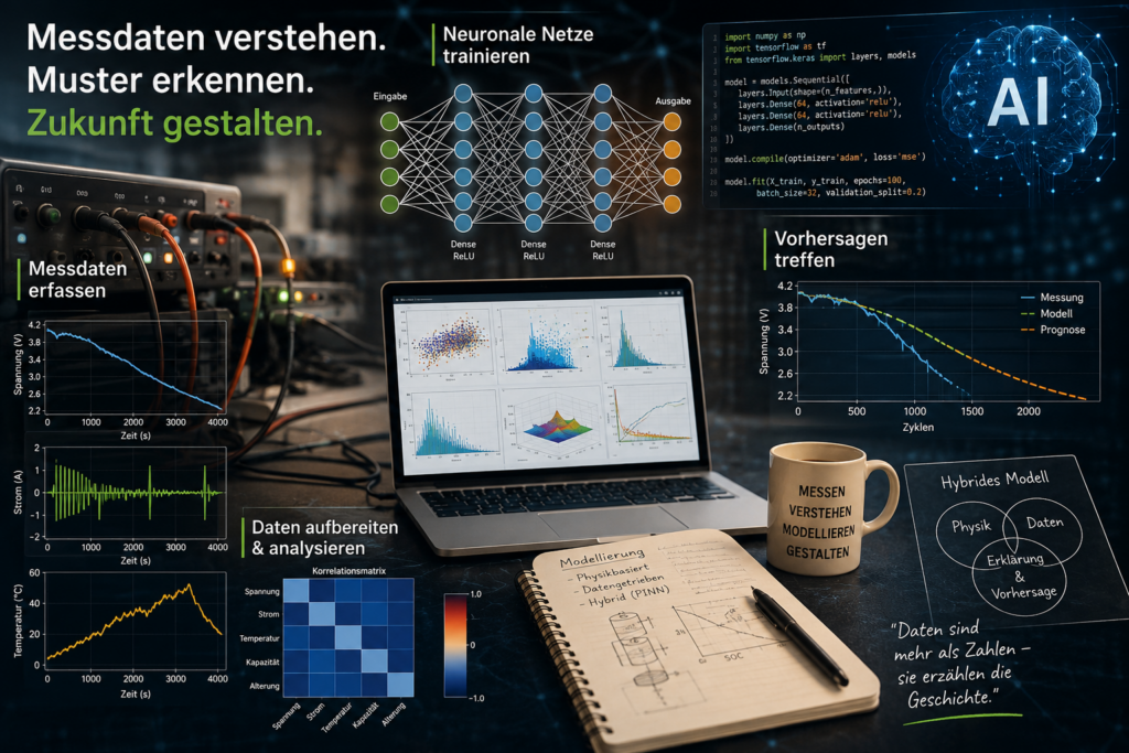 Neuronale Netze, Messdatenanalyse und Künstliche Intelligenz – technische Collage zu Datenanalyse, Modellierung und Ingenieurwissenschaften