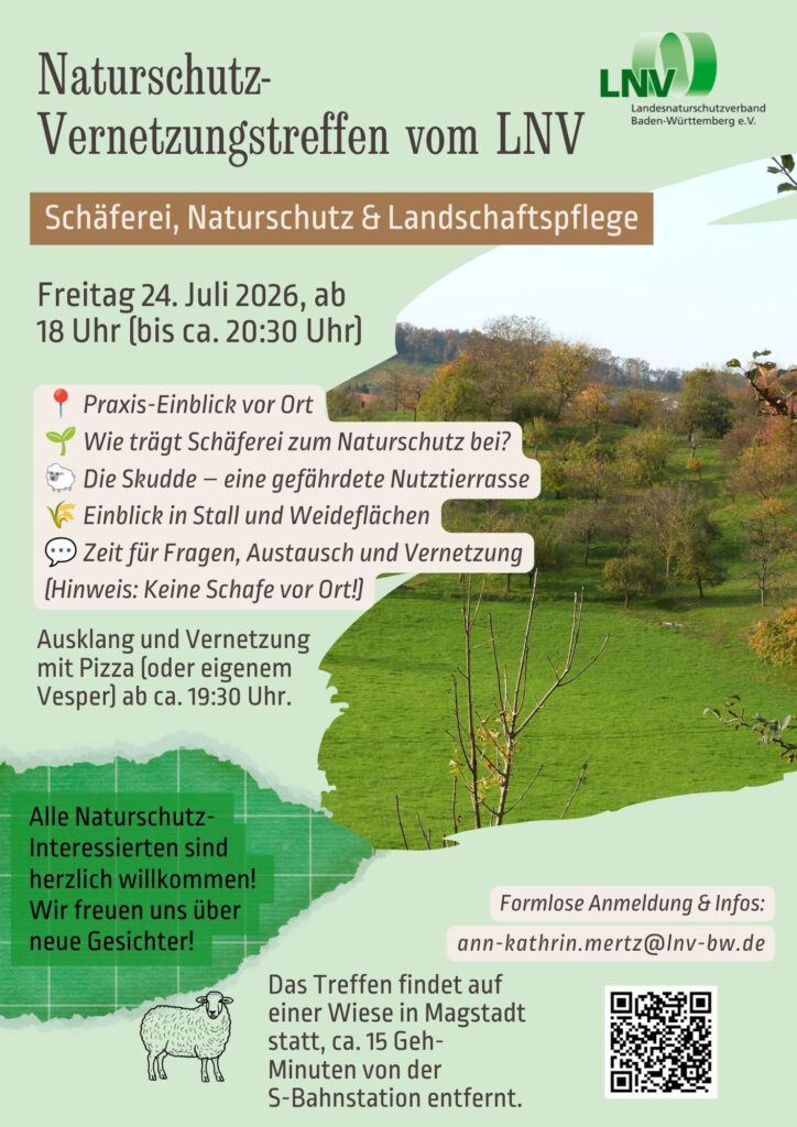 Plakat des LNV-Vernetzungstreffens 2026 in Magstadt zum Thema Schäferei, Naturschutz und Landschaftspflege mit Landschaftsbild einer Streuobstwiese.
